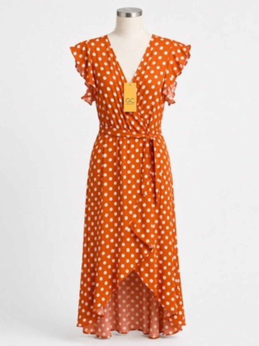GRECERELLE Orange White Polka Dot Wrap Maxi Dress Size M NWT